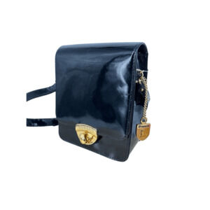 Vintage 60s French Covina Ca. Crossbody Bag Black Patent Leather Gold Hardware